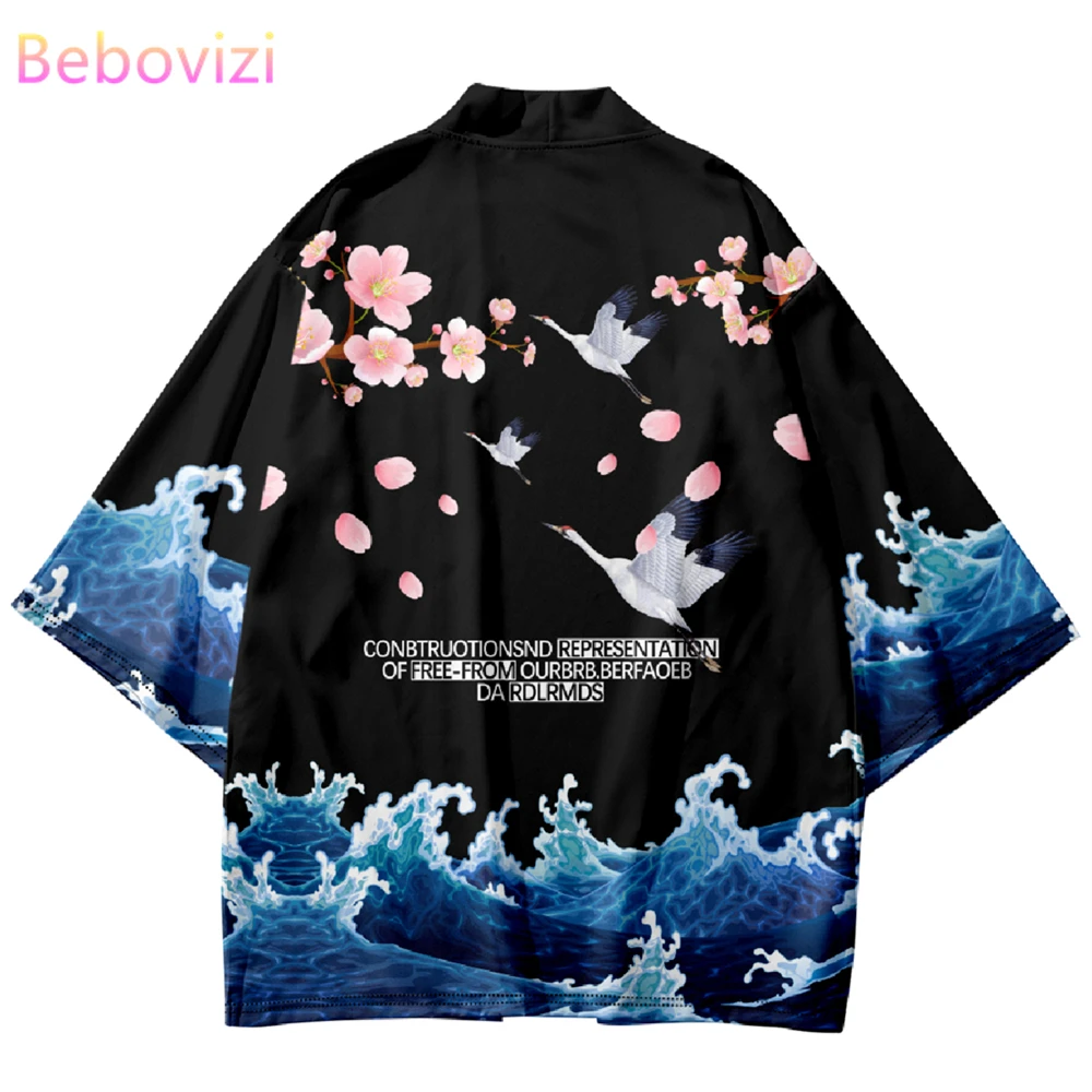 2023 Summer Beach Kimono Sakura Crane Print Shirt Haori Fashion Kimono Yukata Men Oversized Tops