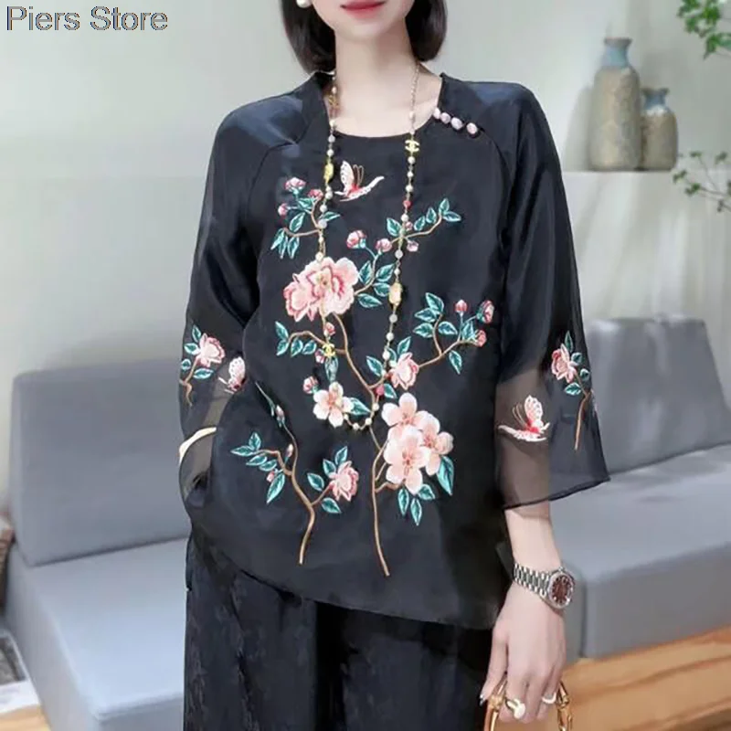 Chinese Style Embroidery Yarn Top for Women hanfu Blouse women chinese shirt