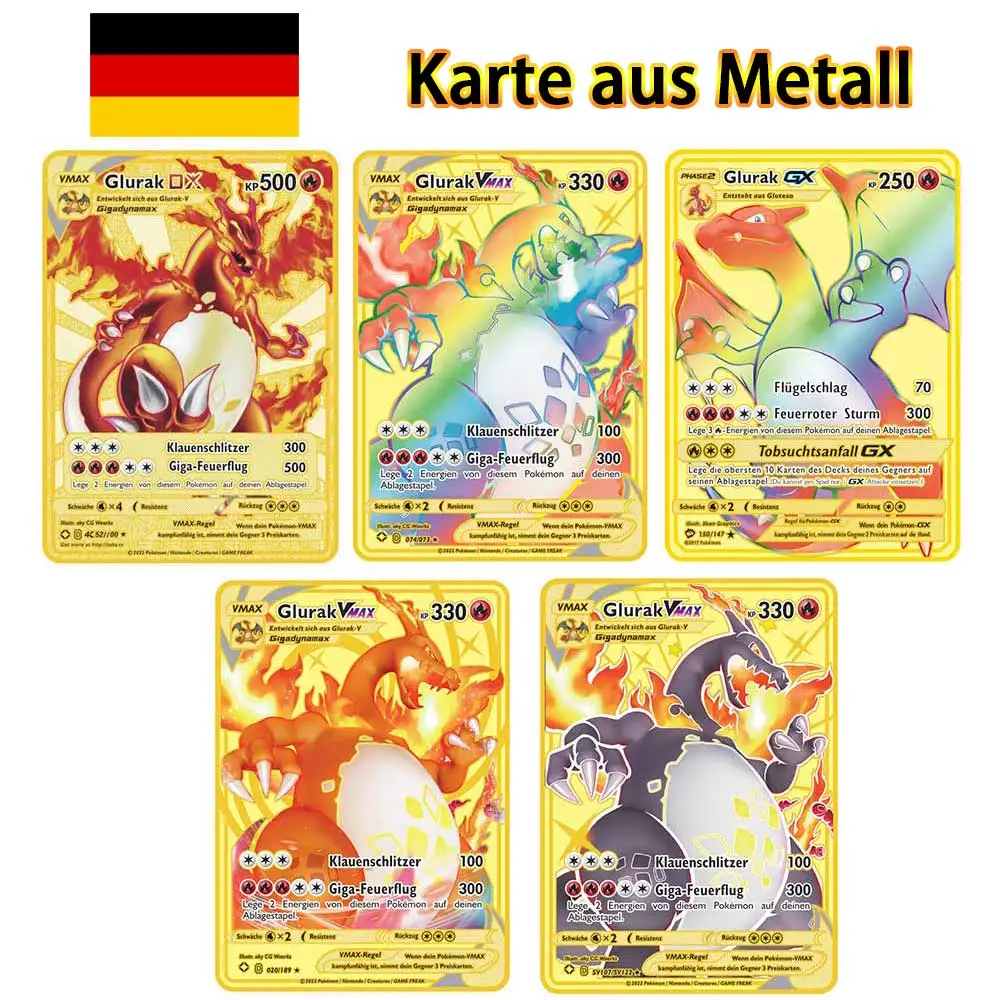 thumbnail image 1 of Cartas de Pokémon de acero Treingi 2024 en metal dorado alemán Charizard Vmax DX GX Rainbow Card Kids Collection Birthday Gift Playing Cards Game, 1 of 5
