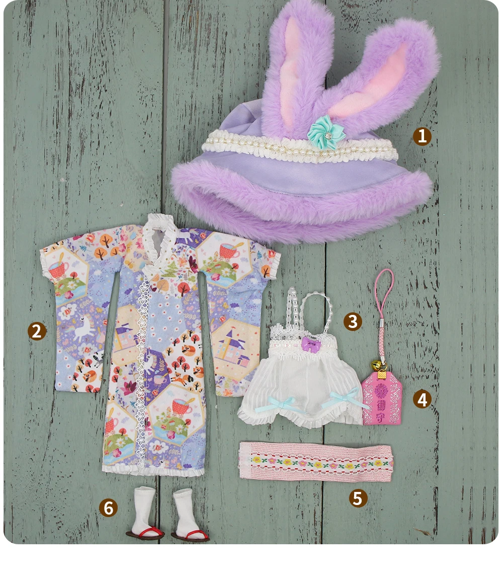 Neo Blythe Doll Kimono Chinese Traditional Dress With Bunny Hat 3
