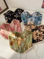 Retro Oil Painting Embroidery Crop Top Women's Design Sense Belted Slimming Asymmetrical ort Base irt French Sle Polyes...