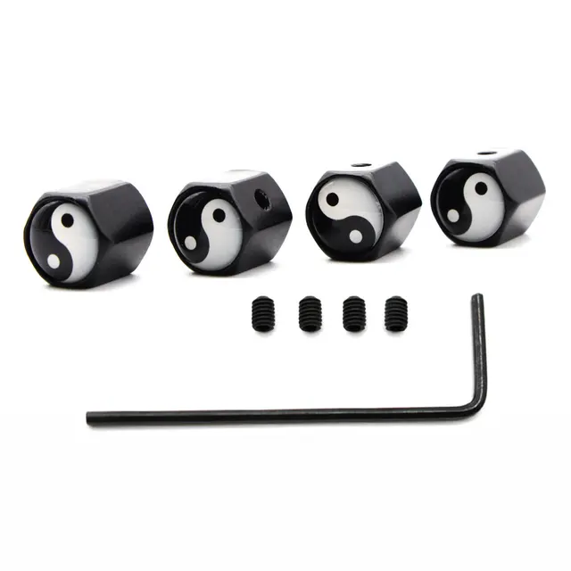 DSYCAR 1Set Car Styling Zinc Alloy Anti-theft Tai Chi Style Car Tire Valve Caps Wheel Tires Tire Stem Air Cap Airtight Covers Black