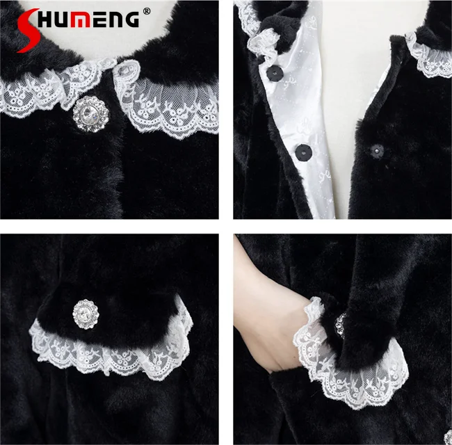 Japanese Style Sweet Lace Furry Jacket Ladies 2023 Winter New Warm Cute Sailor Collar Long Sleeve Mid-Length Coats for Women