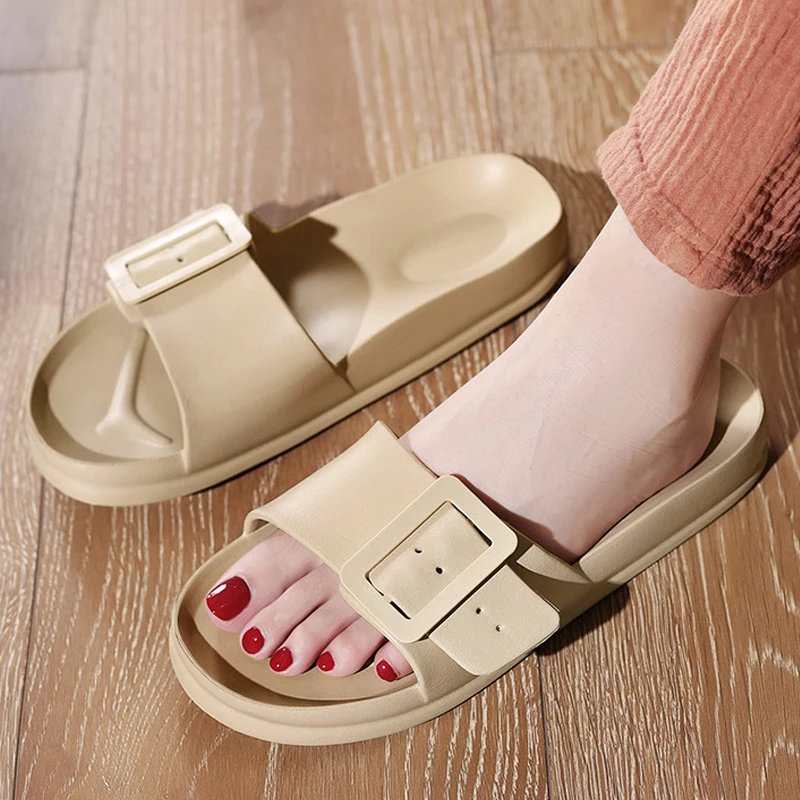 Comwarm Women Summer Flats Slippers New Fashion Beach Flip Flops With Adjustable Buckle Non-slip House Bath Slides Flats Sandals 5