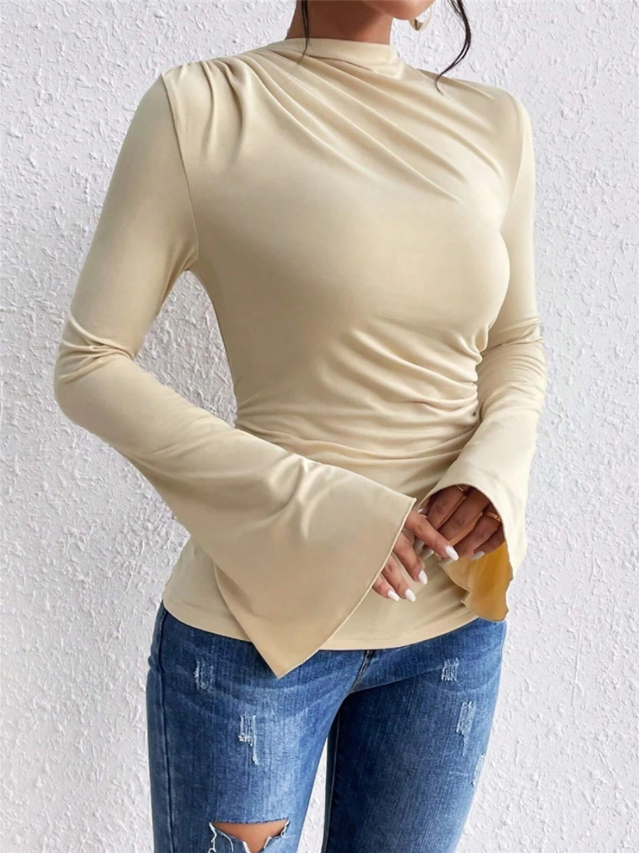 Bronladies Versatile Pleated Long Sleeves Design Inspired Flared Sleeve Slim Fit T-shirt Fashion Women's Solid Color Base Shirt
