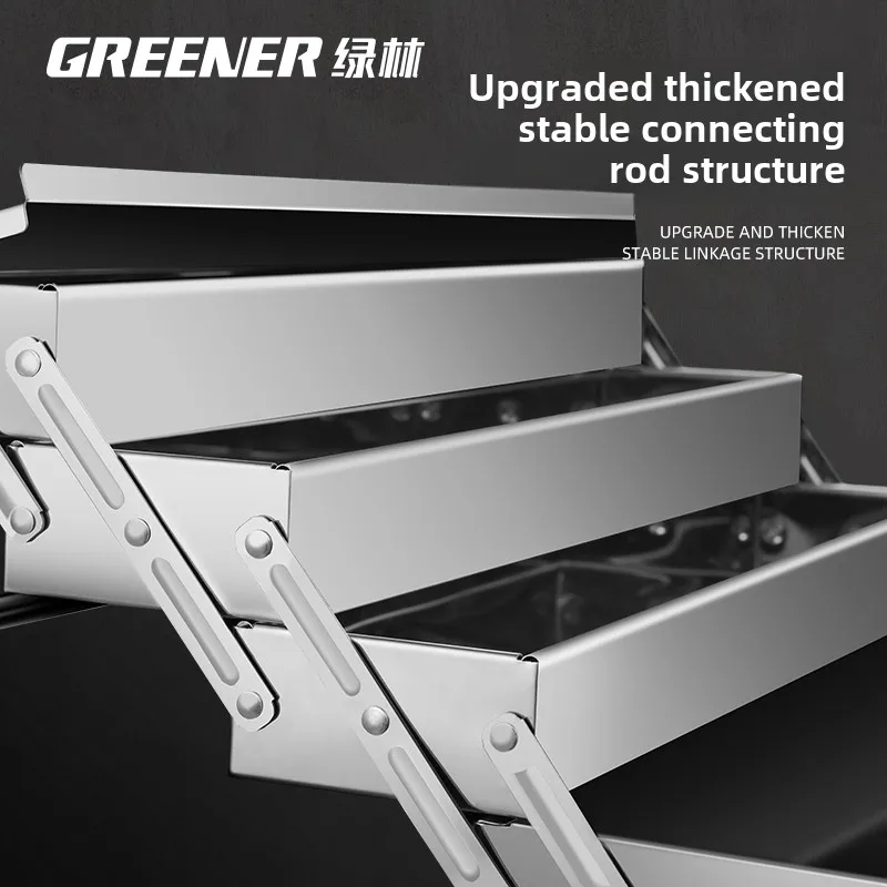 Heavy Duty Stainless Steel Toolbox with 3-Layer Folding and Carrying Handle - Industrial Grade for Home and Car 4