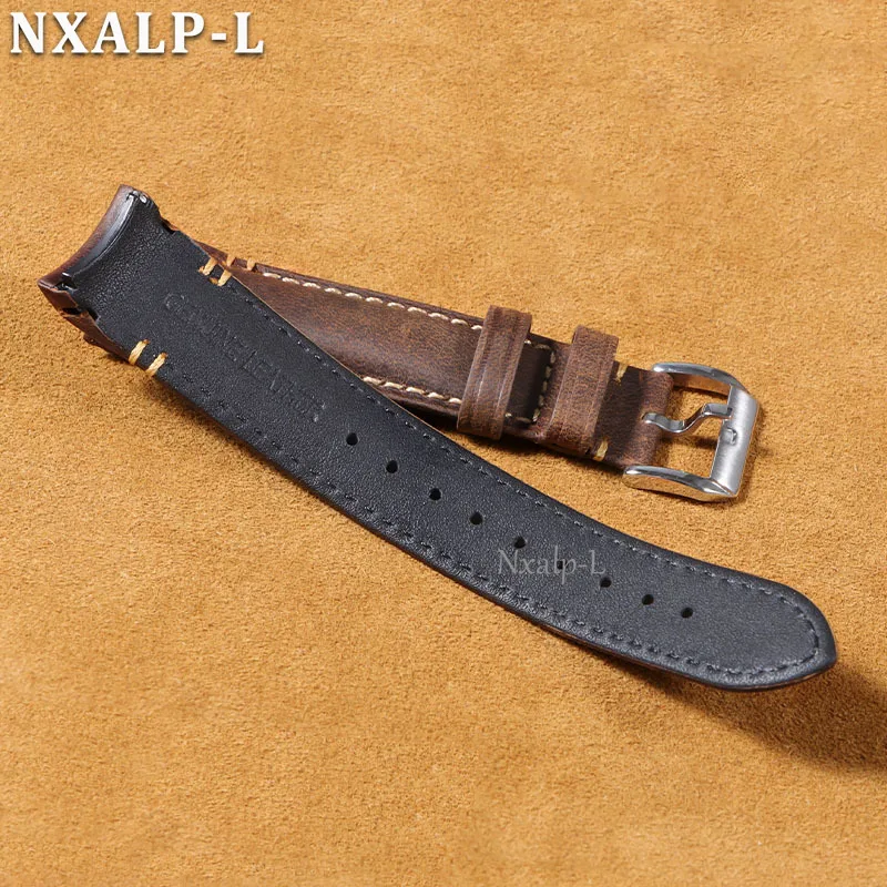 Premium Curved End Leather Watch Band - Handmade Oil Wax Cowhide with High-Quality Stitching (20mm/22mm)