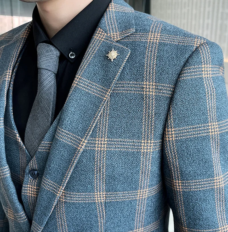 Terno Masculinos 컴플리트 블레이저 및 바지, 비즈니스 캐주얼 격자 무늬 포트 스타일, 슬림 신사 웨딩 작업 블레이저 세트, 패션