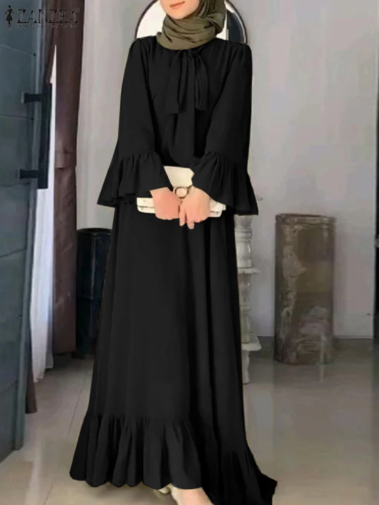 

ZANZEA Summer Muslim Abaya Sundress Vintage Women Long Sleeve Ruffles Robe Femme Solid Lace Up Vestido Eid Mubarek Maxi Dress