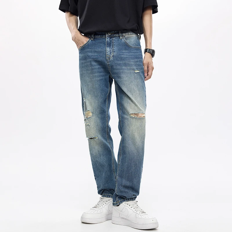 KSTUN Hiphop Jeans Men Ripped Denim Pants Stretch Slim Straight Men's Jeans Distressed Hollow Out Moto&Biker Streetwear