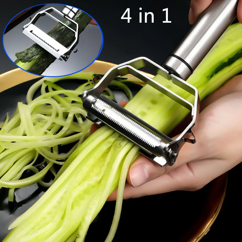 

4 in1 Vegetable Peeler Stainless Steel Melon Planer Multiple-Function Double-Head Peeler Household Kitchen Cucumber Slicer Tool
