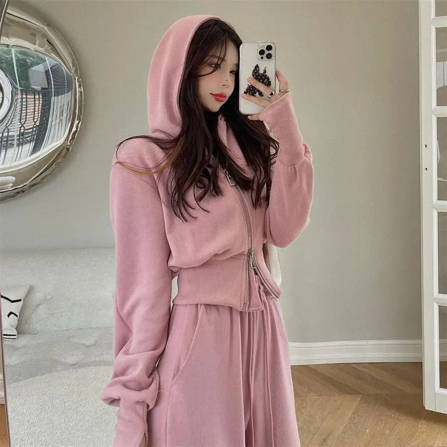 

Pink Hooded Sweatshirts Tracksuit Women Coat Double Zip Up Crop Top Drawstring Waist Sweatpant Harem Pants 2 Piece Sets
