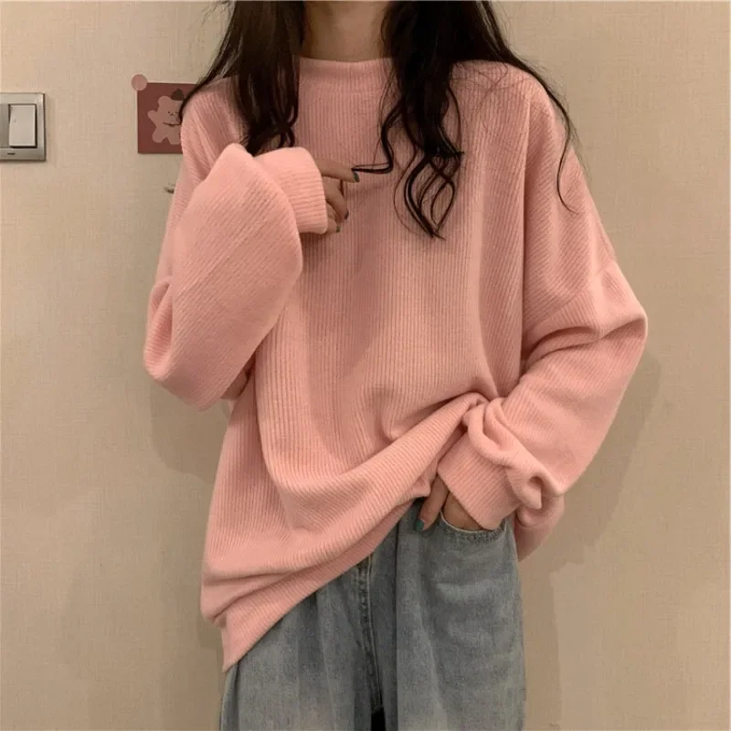 Y2k Women Loose Solid Color Blouse Round Neck Sweatshirts Spring and Autumn Korean Casual Long Sleeved Preppy Street Wear 후드티