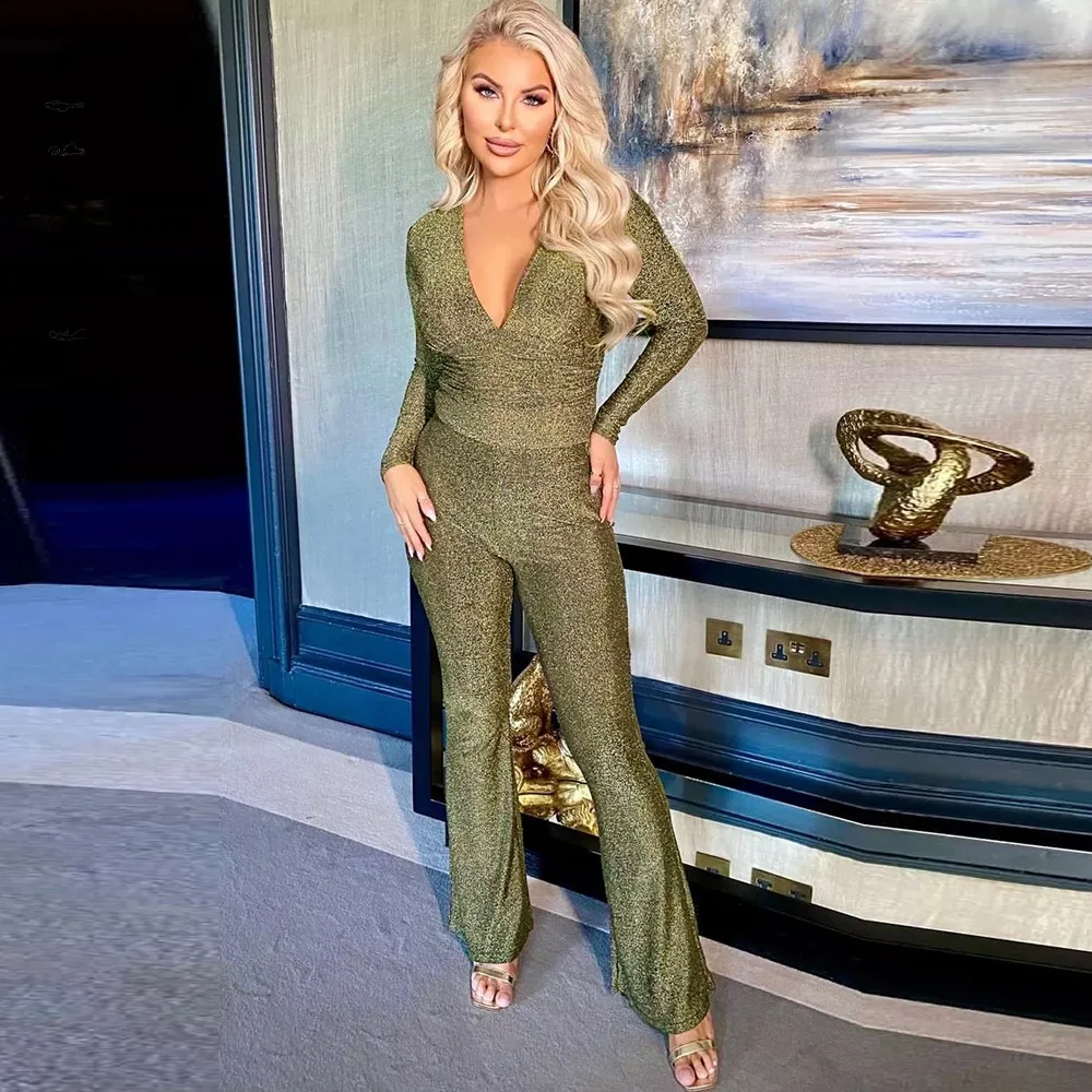 BoozRey Kardashian Jumpsuit 2023 Fashion V-neck Long Sleeve Pants Sexy Tight Solid Hollow Out One-piece Trousers Streetwear