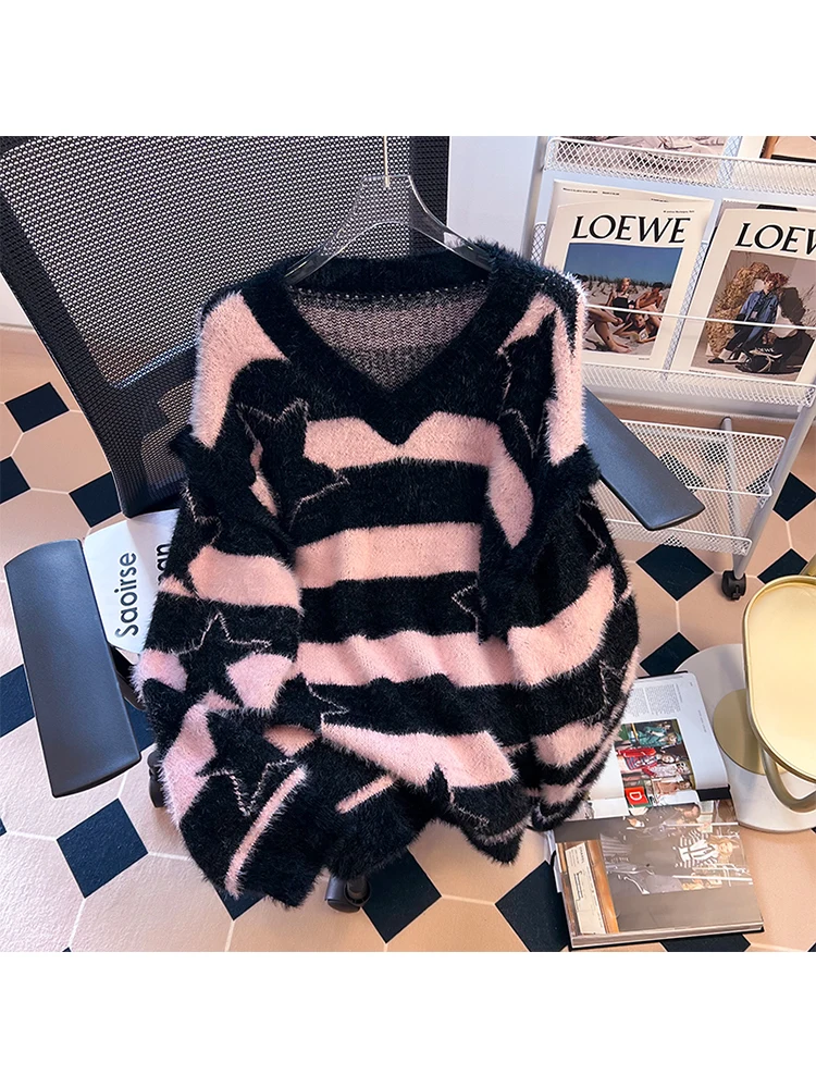 

Women Striped Pullover Knitted Two-tone Sweater Harajuku Korean 90s Y2k Long Sleeves Jumper Star Sweaters Vintage 2000s Clothes