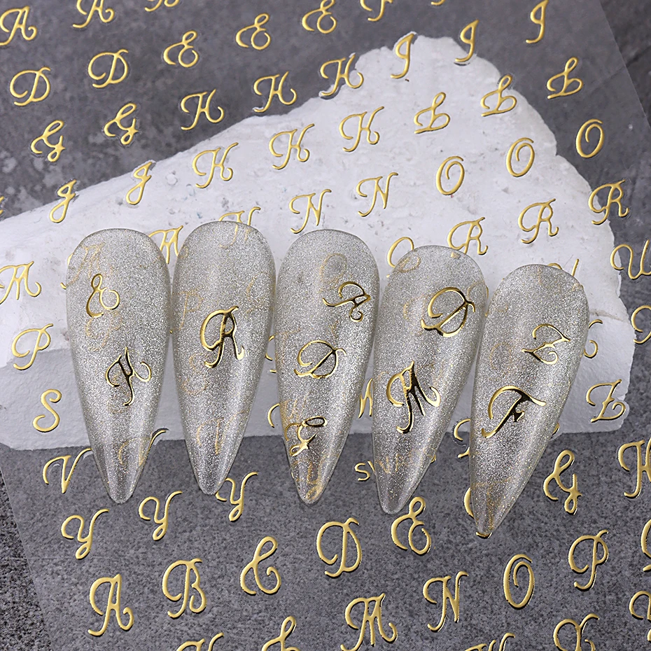 4pcs Roman Letter Nail Stickers Golden Silver Black White Alphabet Design Self Adhesive Decal English Words DIY Manicure Decor