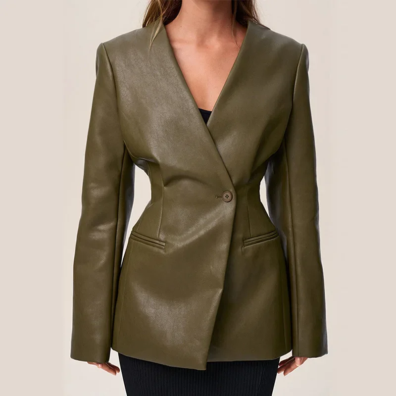 Chaqueta de cuero para mujer, estilo urbano, verde, con pliegues, escote en V, un botón, manga larga, bolsillos, abrigo hasta la cintura, primavera 2025, estilo urbano Y2K.