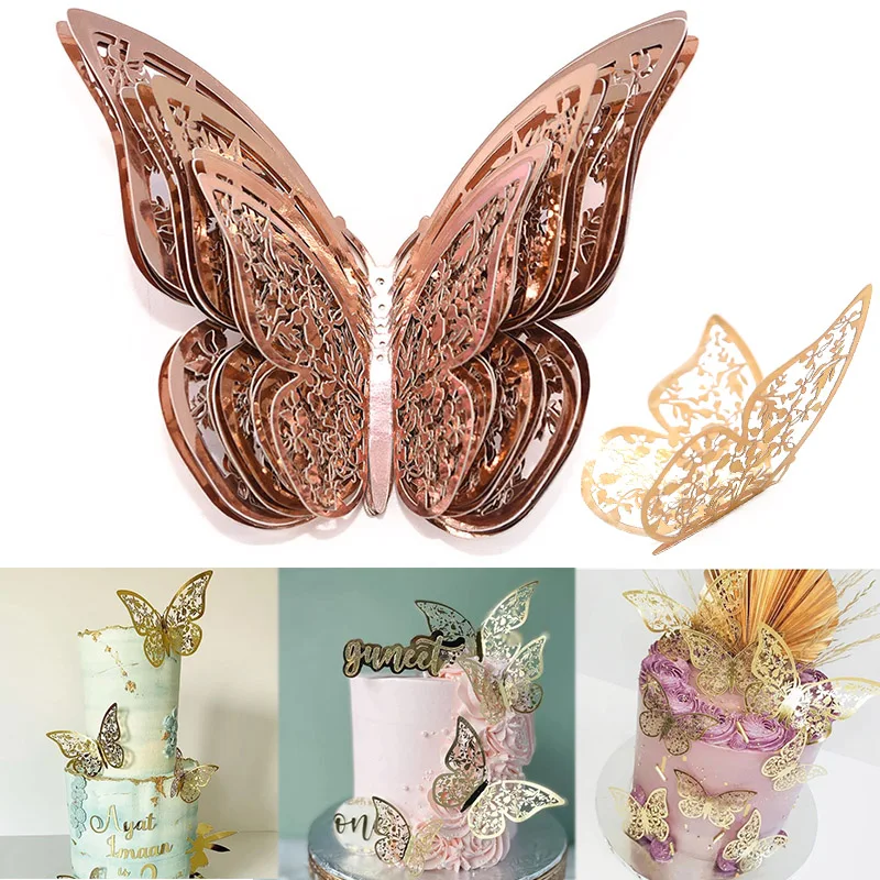 Gyufise Topper Per Torta Farfalle 3D – Set Da 13 Pezzi, Oro E Blu, Cartoncino Glitterato, Per Compleanno E Feste A Tema - 3