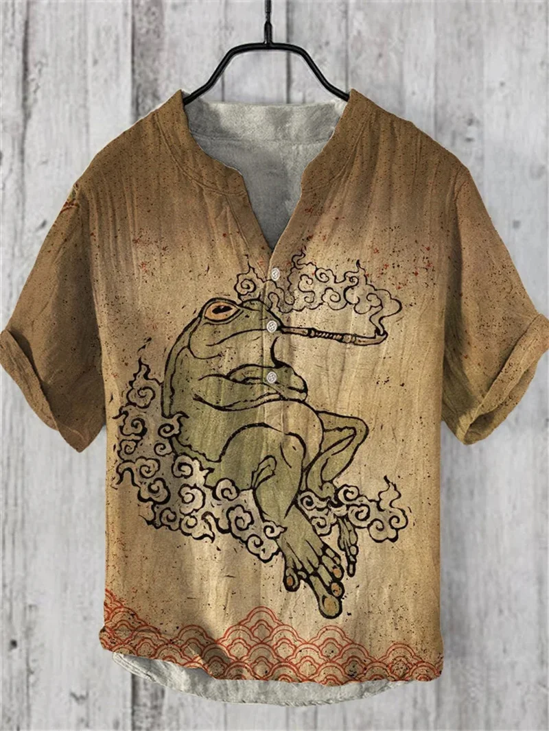 Men's casual fashion outdoor seaside men's top shirt V-neck linen blend shirt new plus size