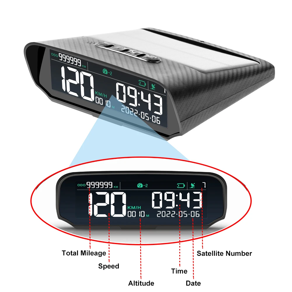 Solar HUD GPS Car Head Up Display Wireless Speedometer Display Speed  Satellite Time Date Auto Adjust Screen Brightness Car Clock