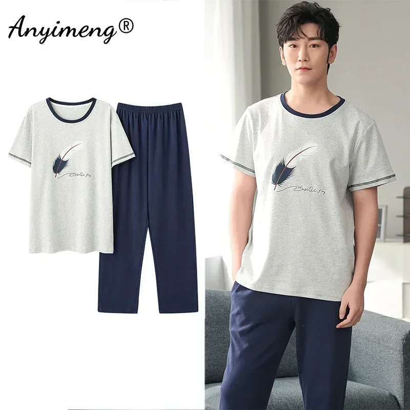 Mens Pajamas 3xl 4xl Sleepwear Short Sleeved Long Pants Cotton Leisure Pyjamas Boy Plaid Pants Men Summer Nightwear