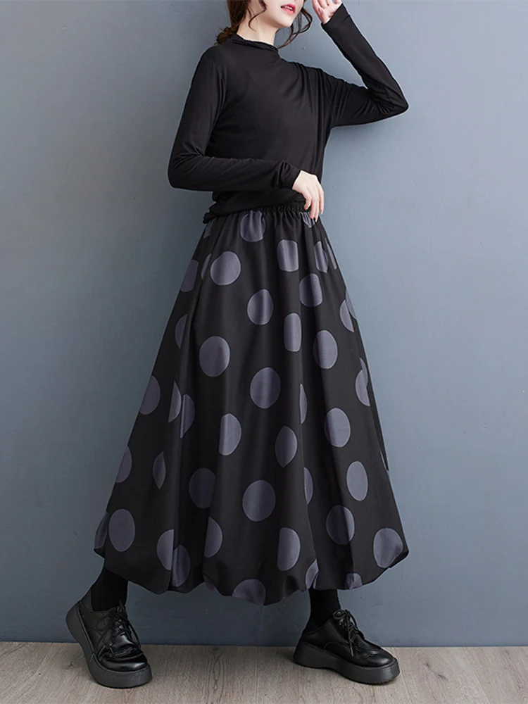 2025 Sping Autumn Polka Dot Print Vintage High Waist Puffy Skirt Women Plus Size Fashion Loose Casual Long Skirts Clothing