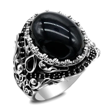 925 Sterling Silver Natural Black Onyx Men's Ring Vintage Turkish Punk Jewelry Trend Jewelry Set Couple Rings Women's Rings