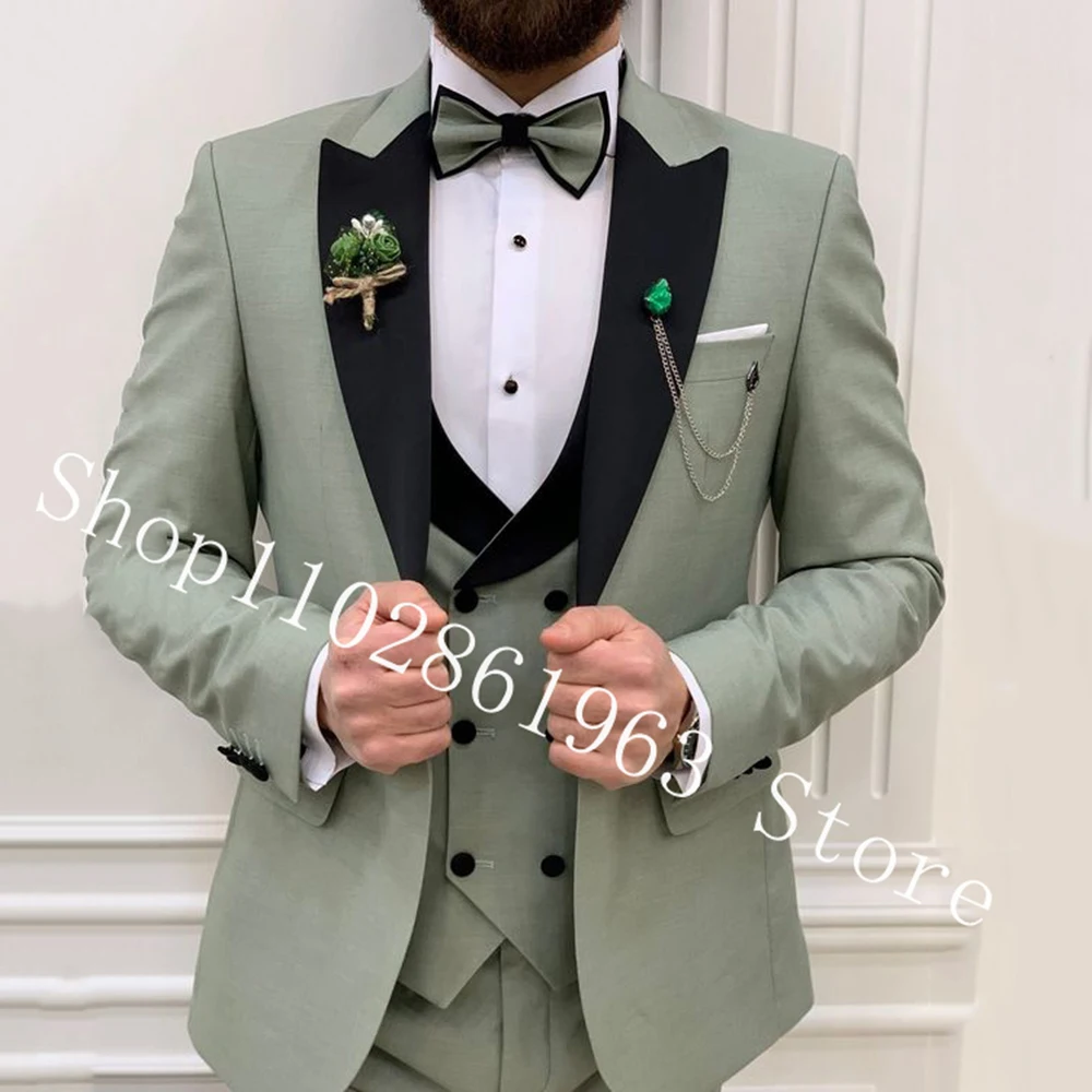 New Arrival Green Male Suits Slim Fit 3 Pieces Suits Blazer+Vest+Pants Best Men Wedding Tuxedos Groom Wear Costume Homme