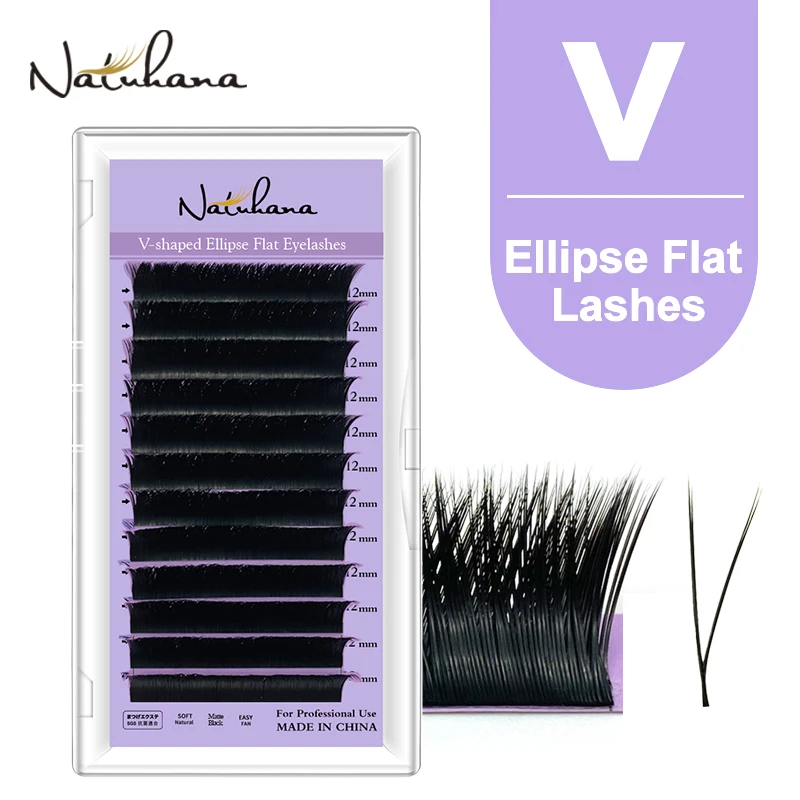 NATUHANA 가짜 속눈썹 V 모양 타원형 플랫 밍크 속눈썹 확장, 볼륨 분할 팁 자동 팬, 2D 속눈썹 메이크업