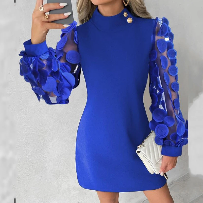 

Female Turtleneck Long Sleeve Slim Party Dress Elegant Solid Color Mesh Lace Patchwork Dress Autumn Button Commute A-Line Dress