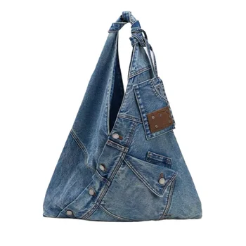 Borsa a Tracolla in Denim Vintage Lavato, Borsa Hobo Annodata, Borsa Casual Morbida da Donna