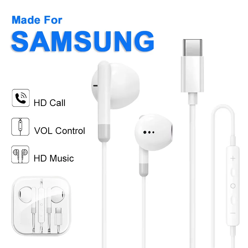 سماعات أذن سلكية لهاتف سامسونج جالاكسي S24 S23 S21 S22 S20 Plus نوع USB C 3.5 مللي متر جاك سماعات A54 A34 A53 نوت 20 10 ملحقات
