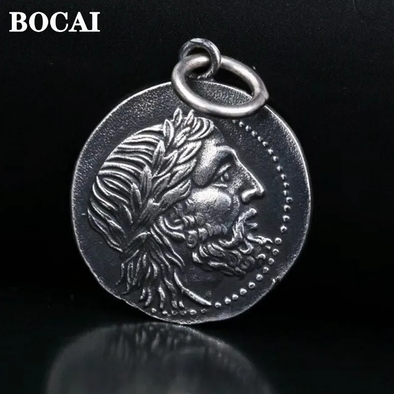 

BOCAI Ancient Greek Poseidon s925 Pure Silver Jewelry Hand-made Double-Sided Relief Coin Man Pendant Free Shipping Holiday Gifts