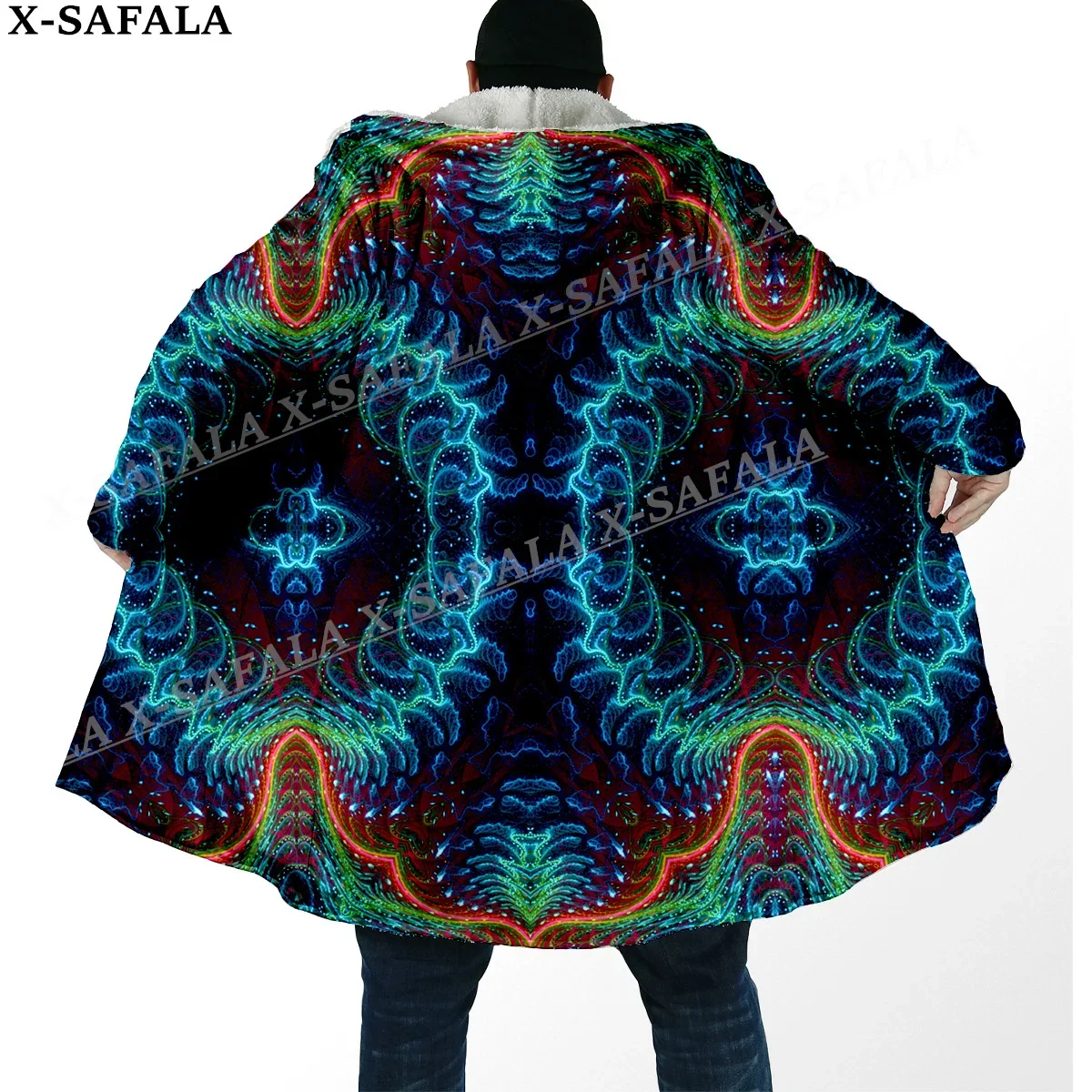 

Hippie Psychedelic Colorful Trippy 3D Print Dream Cloak Thick Warm Hooded Men Overcoat Coat Windproof Fleece Cape Robe Blanket-5