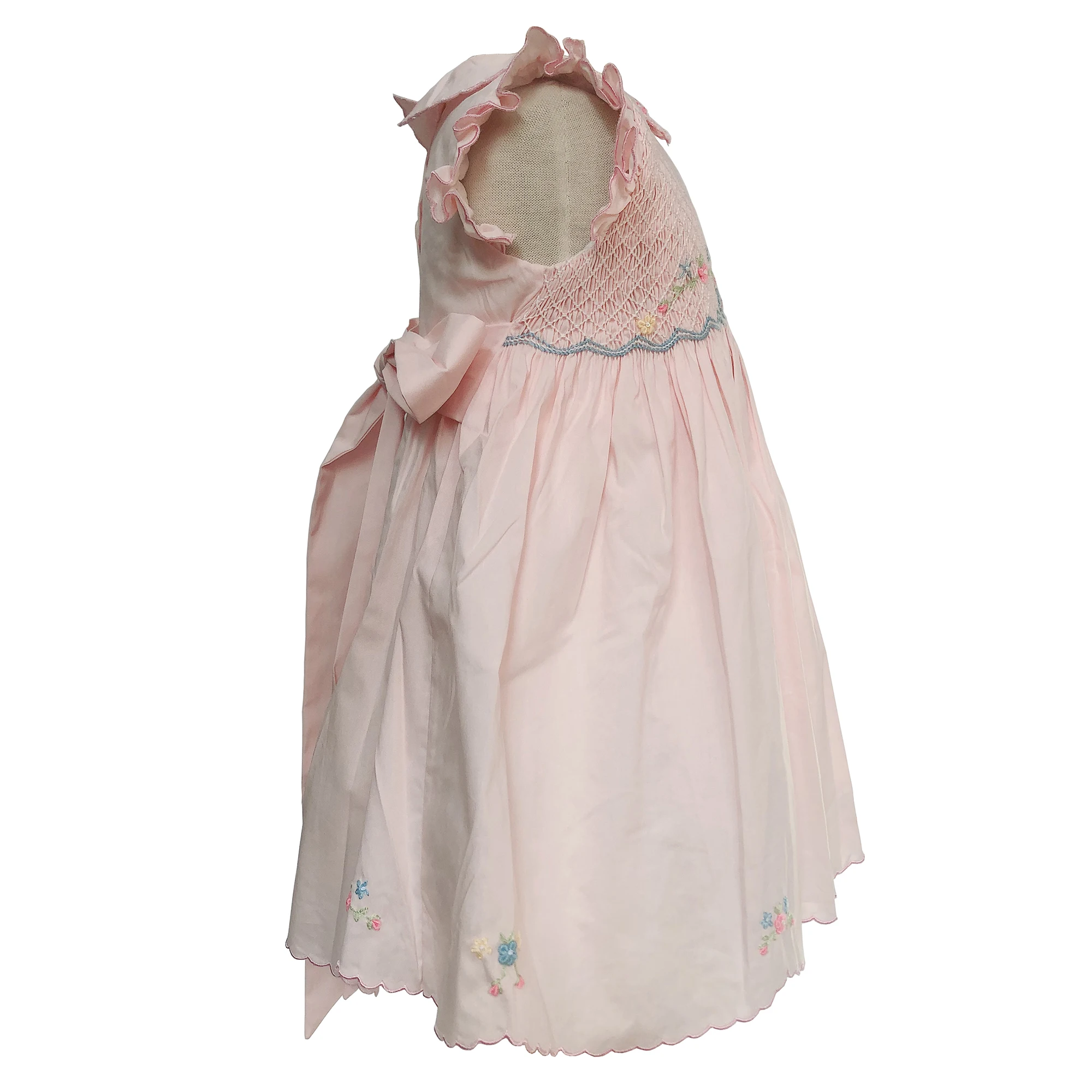 Girls Smocked Dress Classic Pink Cotton Flower Embroidery Handmade 18m-8T Vintage Princess Dress Children Boutique Clothing 3