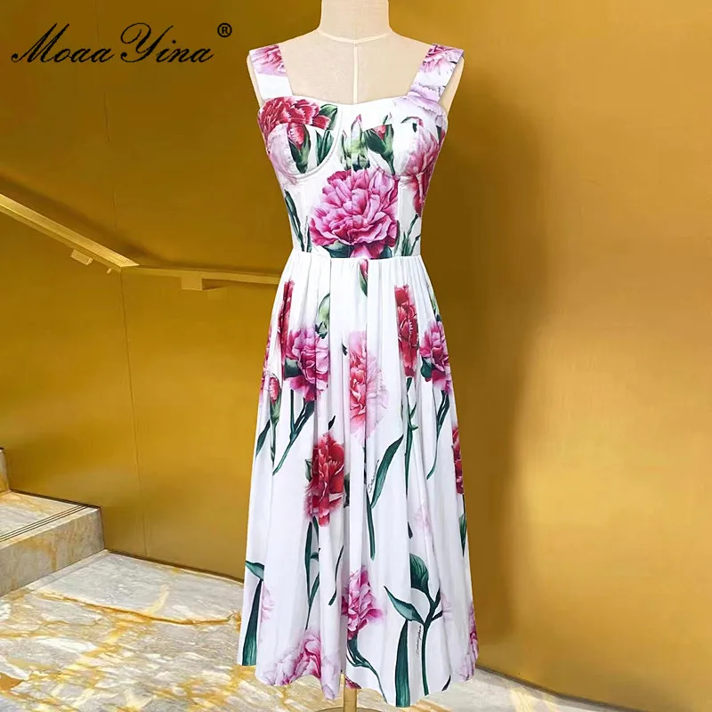 

MoaaYina Fashion Runway Spring Dress Woman Slash neck Flower print Bohemian Vacation Spaghetti Strap Dress Vestidos