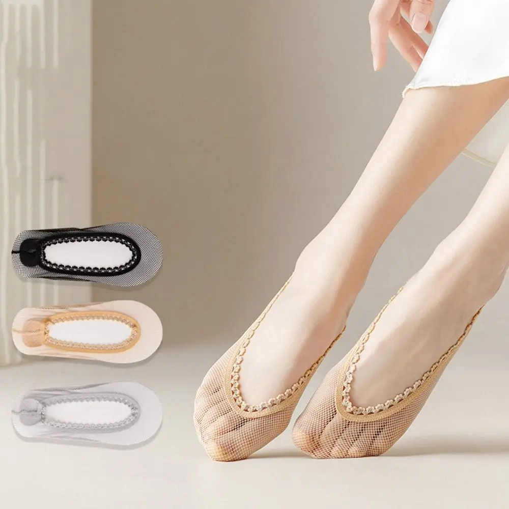 

Summer Hollow Mesh Slippers Sock Women Silicone Antiskid Thin Shallow Mouth Invisible Breathable Fishnet Hosiery