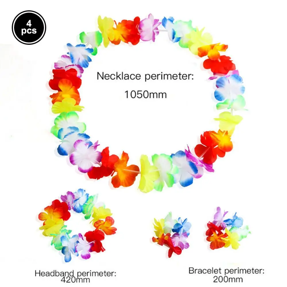 Hawaiian Party Supplies 4pcs/set Hawaiian Flower Lei Hula Necklace Garland Headband Wristbands Wedding Decorations Beach Tropical Party Supplies