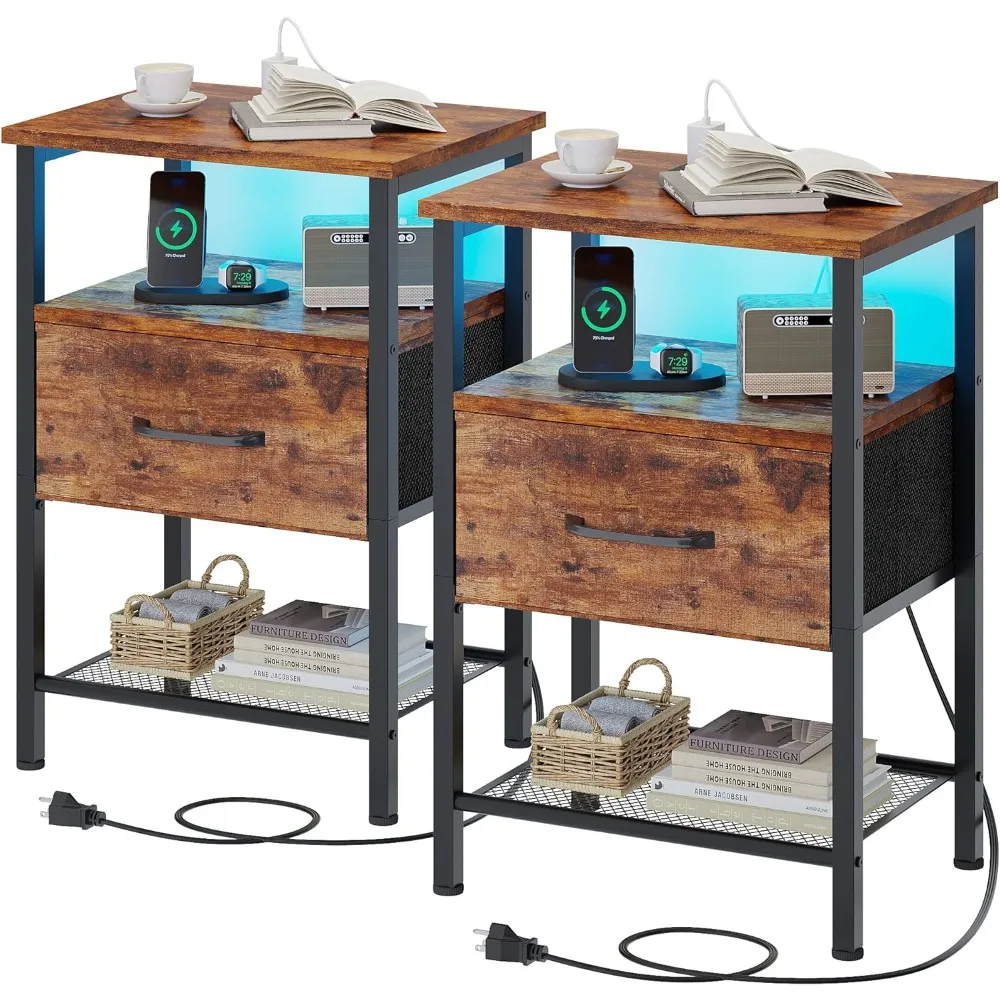 Night Stand Set 2, End Table with Charging Station, LED Bedside Table with Fabric Drawer for Bedroom, 3-Tier Side Table with Ope