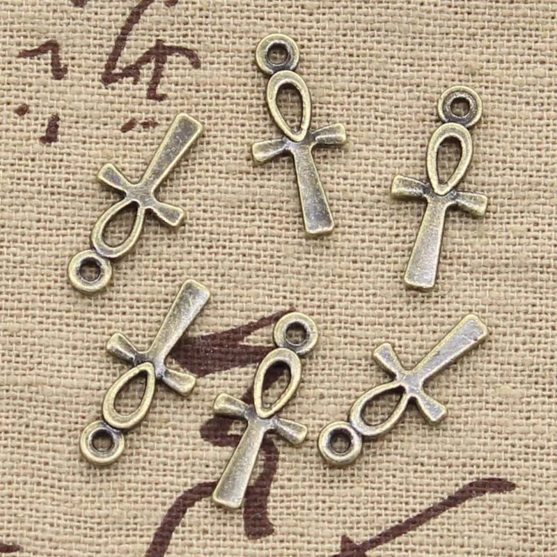 이집트 Ankh 생활 기호 십자가 18x8mm 골동품 만들기 펜던트, 빈티지 티베트어 청동, DIY 보석 찾기 50 개