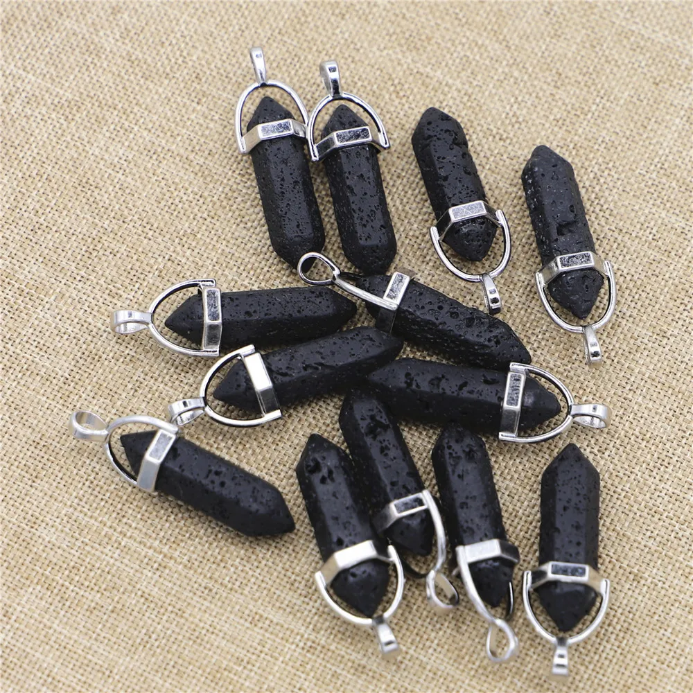 Natural Gems Volcanic Stone Pillar Point Black Pendants Necklace for Making Wonder Women Designer Charms Jewelry Trendy 24pcs