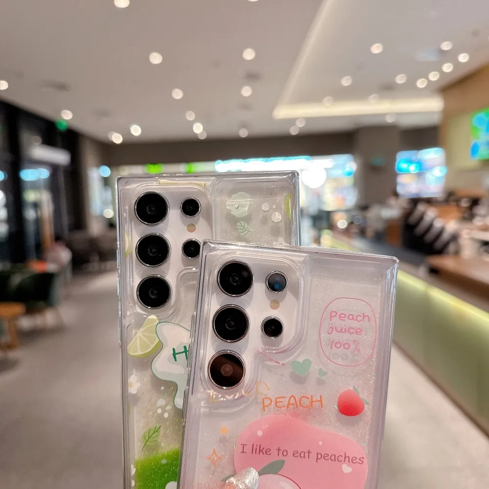 Luxury Flowing Glitter Liquid Quicksand Case - Cute Peach Lemon Shockproof Clear Cover