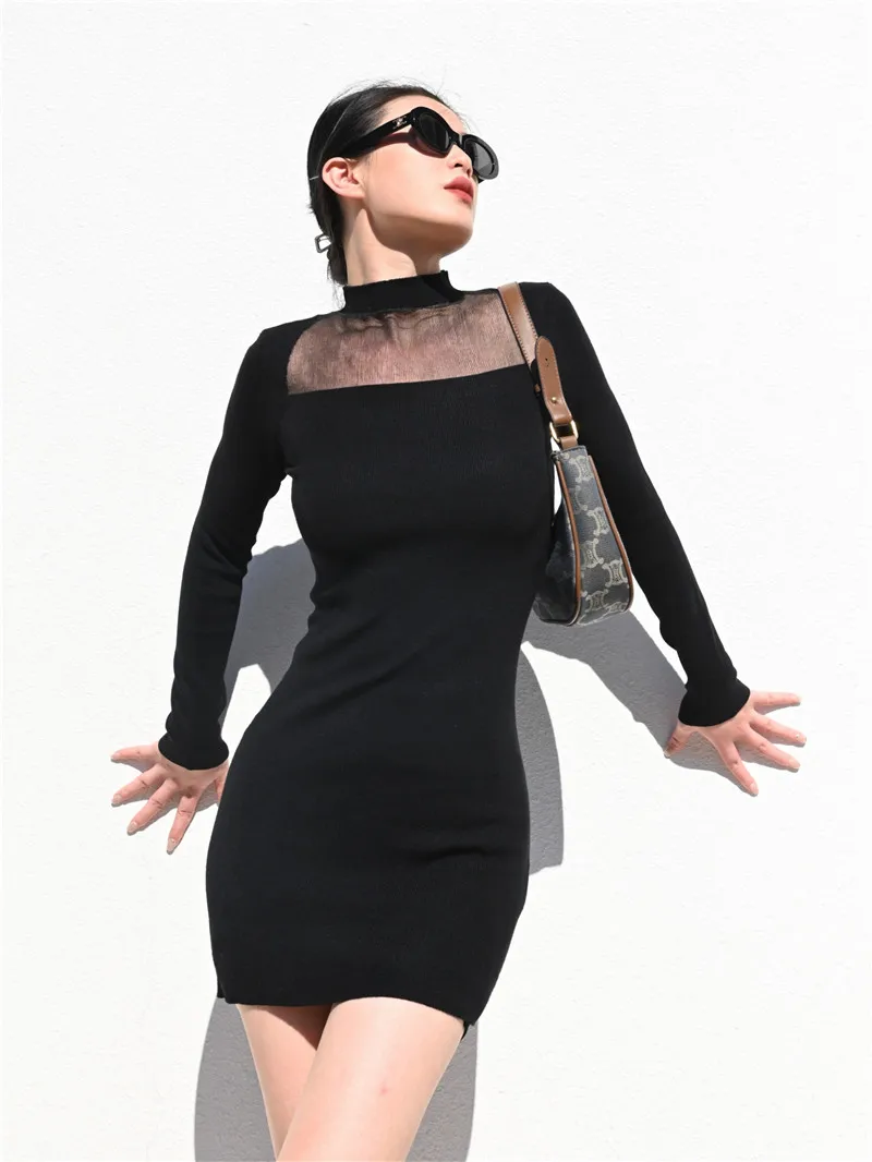 Solid Black Mesh Insert Bodycon Knit Mini Dress Wiht High Neck Detail