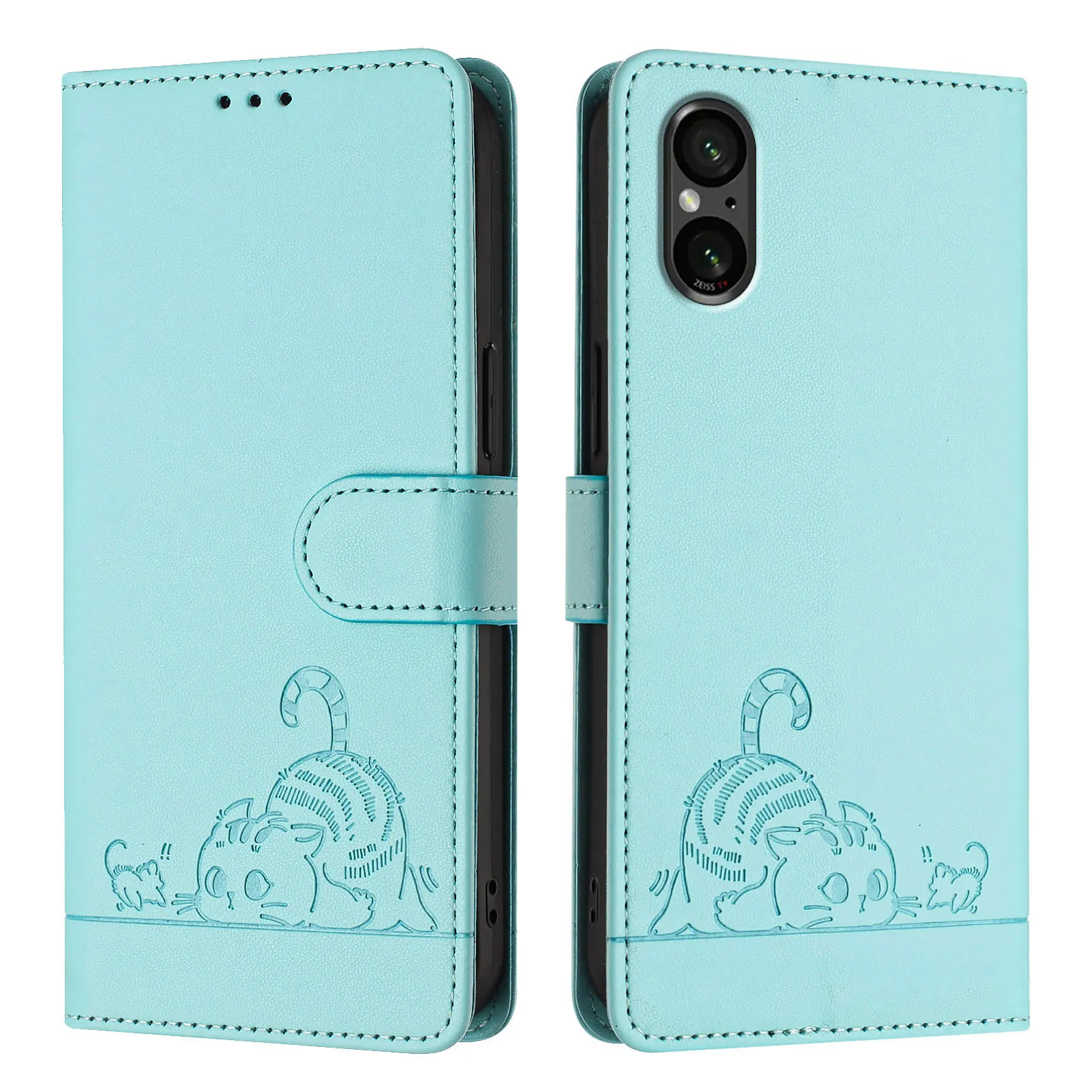 Cat Leather Wrist Strap Phone Case Wallet with Card Slot Flip Cover