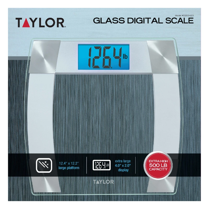 Taylor 500 lb Digital Glass High Capacity Scale Extra-Wide Platform 2 AAA Batteries Included Silver