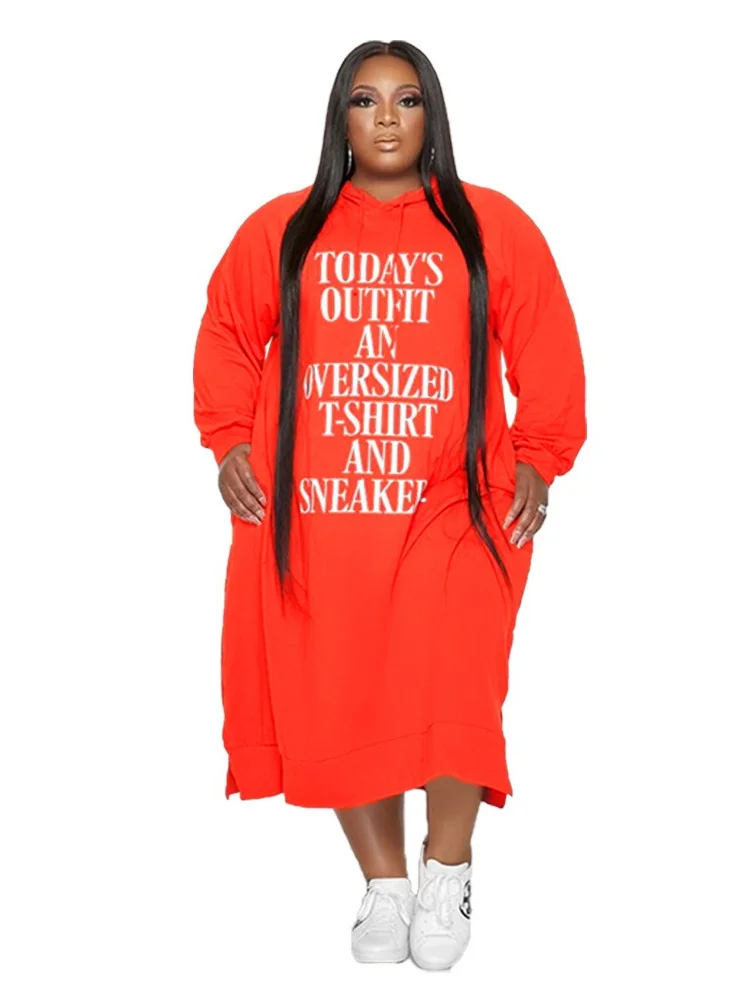 Wmstar Plus Size Women Clothing Dresses Hoodies Tracksuit Letter Print Loose Casual Pockets Maxi Dress Wholesale Dropshipping