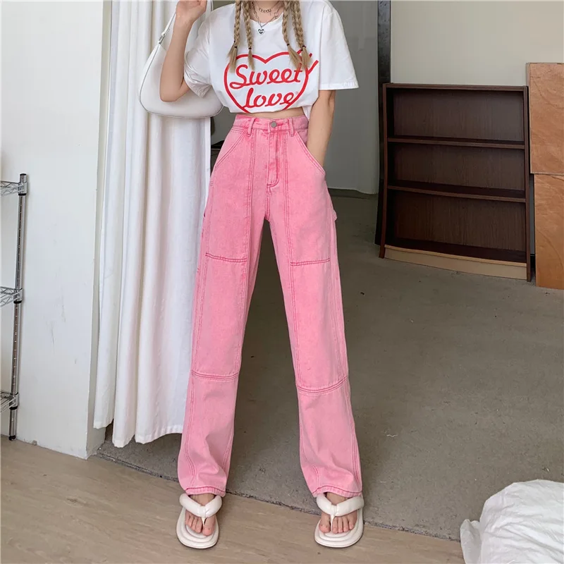 

Straight jeans for women spring autumn new fashion pink wide leg pants women cotton high waisted trousers streetwear