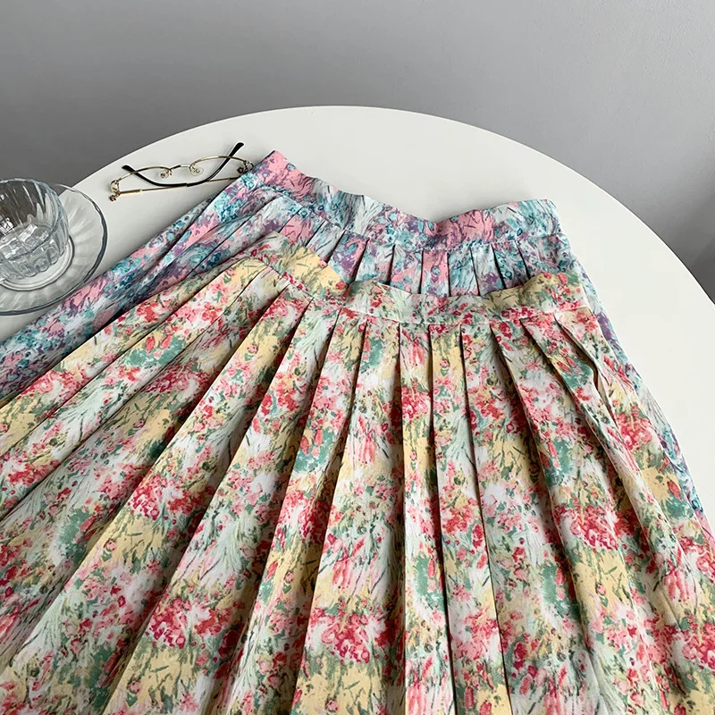 Spring Chic Fresh Floral Print Skirts Womens Vintage High Waist Elegant Pleated Skirt All-match Chiffon Faldas Mujer Moda 2022 mini skirt