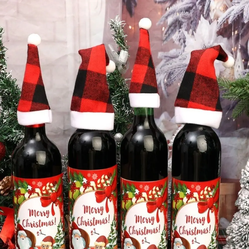 10Pcs Santa Hats Wine Bottle Covers Christmas Table Decoration Xmas Party Cutlery Storage Bags Mini Home Atmosphere