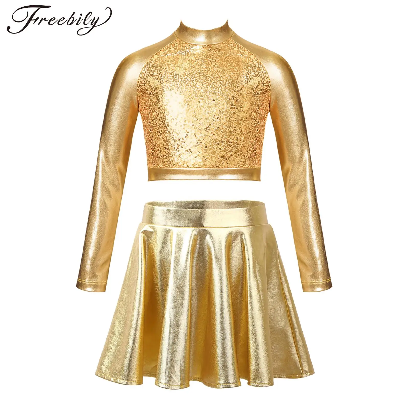 

Kids Girls Ballet Dance Sets Glossy Metallic Long Sleeve Sequins Crop Top with A-line Skirt Suit Outfits for Modern Jazz Dancing